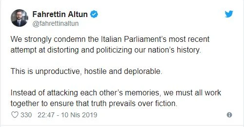 İbrahim Kalın ve Fahrettin Altun'dan İtalya'daki sözde Ermeni soykırımı önergesine kınama